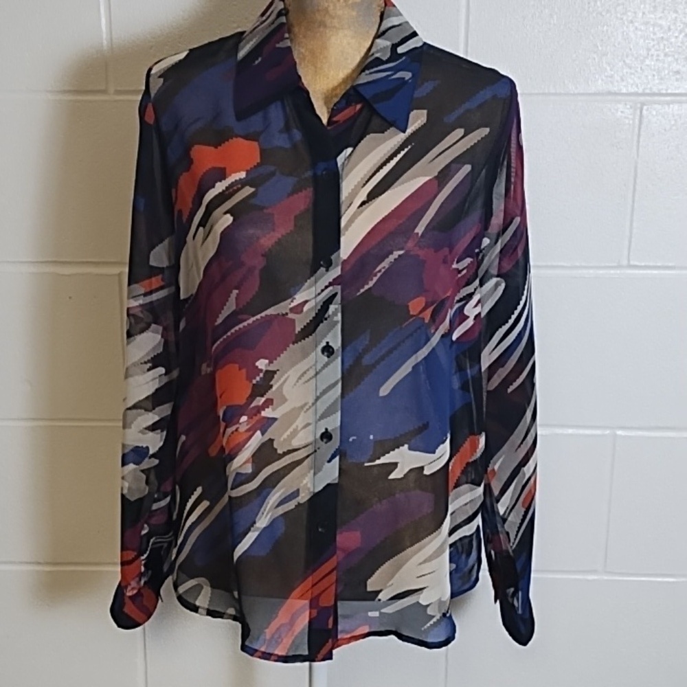 Liz Baker Bright Splashes Sheer Button Up Shirt